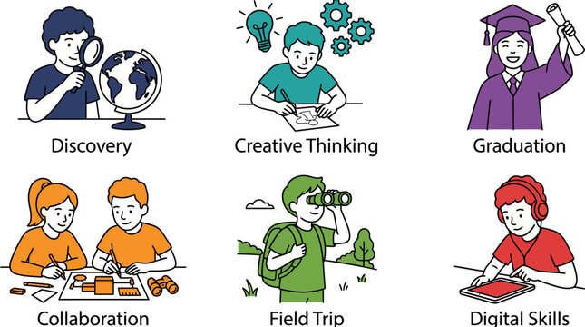 A compilation of icons representing educational themes like discovery, creative thinking, and digital skills, visually promoting collaboration and learning through fun illustrations.