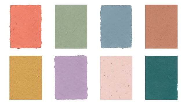 Variety of handmade recycled color paper rectangles with deckle edges for artistic scrapbooking projects