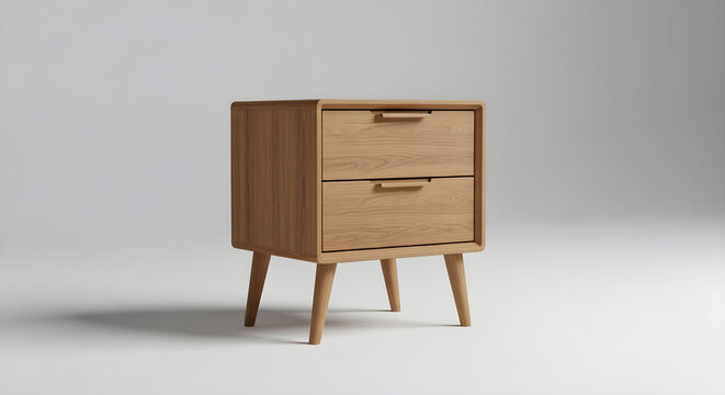 Mid Century Modern Wooden Nightstand with Two Drawers for Minimalist Bedroom Interior Decor