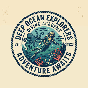 An engaging logo design for a diving academy, featuring a vintage diver and marine life, symbolizing adventure, exploration, and the wonders of the underwater world.