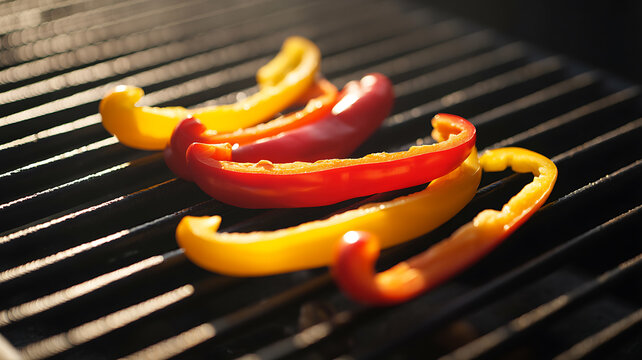 Bell pepper slices grilling on a hot metal barbecue grill outdoors with barbecue