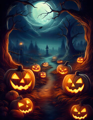 Fototapeta premium Glowing Jack-o'-Lanterns in the Moonlight on a Spooky Halloween Night Web Banner.