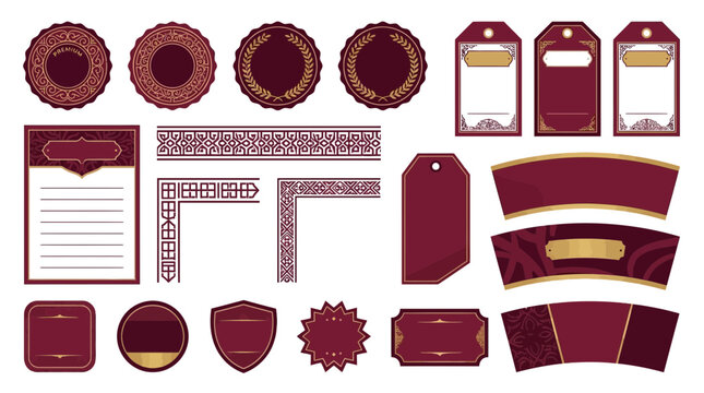 Maroon and Gold Decorative Elements: Seals, Tags, Borders, and Labels