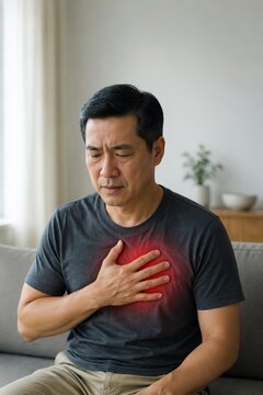Adult man holding his chest while experiencing sudden discomfort at home