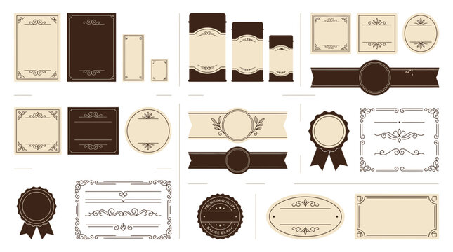 Ornate Vintage Labels & Borders, Elegant Decorative Elements Isolated