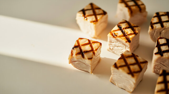 Square glazed meat pieces with grill mark pattern arranged on a white plate appetizer sunlight