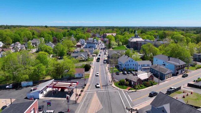 Historic commercial buildings aerial view on Main Street in village of North Easton, town of Easton, Bristol County, Massachusetts MA, USA. 