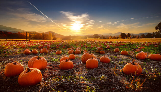 Pumpkins in a Field at Sunset Thanksgiving and Autumn Background Web Banner.