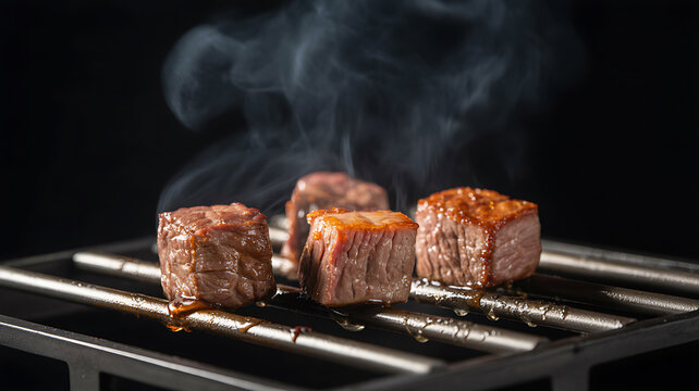 Juicy steak cubes grilling on a hot metal barbecue grate with rising smoke barbecue delicious