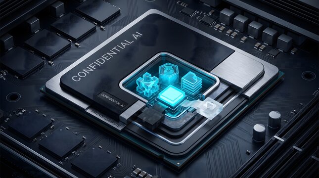 Modern computer processor chip mounted on motherboard with glowing blue liquid cooling elements processor microchip motherboard computer technology hardware electronic