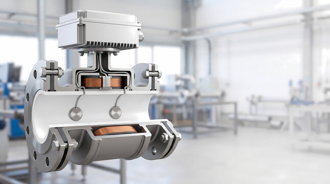 Electromagnetic flowmeter cutaway showing internal coils and liner