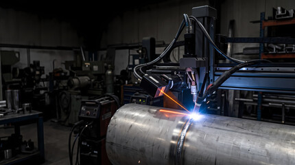 Fototapeta premium Automated seam tracking welding machine joining large stainless steel pipe