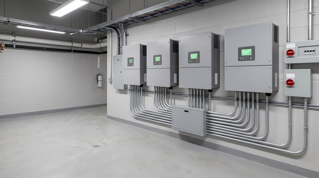 Bank of solar power inverters and electrical conduits on utility wall