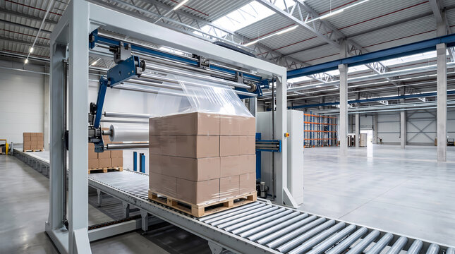 Automated pallet stretch hood packaging machine wrapping cargo boxes