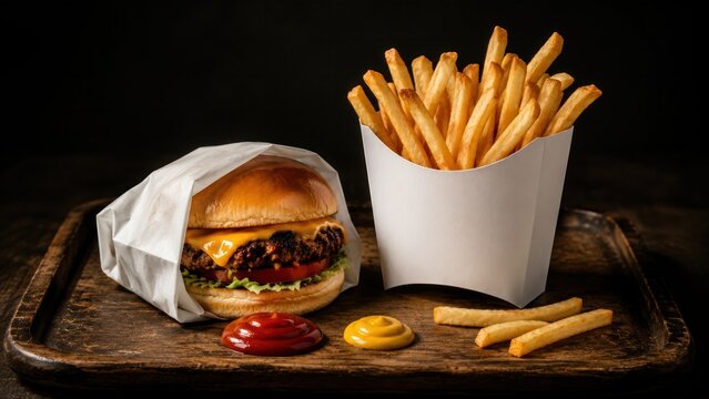 Classic cheese burger and french fries meal on dark wooden tray