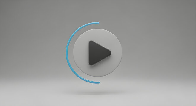Minimalist 3D Play Button Icon with a Circular Graphic Element for Modern Multimedia Interfaces and Digital Media Applications