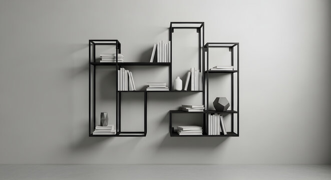 Modern Minimalist Black Metal Wall Shelving Unit Featuring Organized Books and Decorative Objects in a Contemporary Interior Living Space