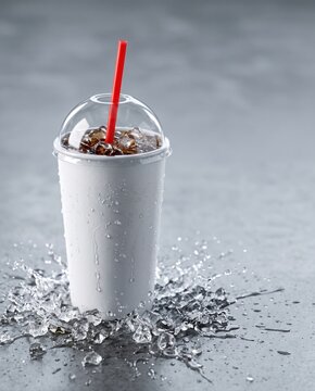 Cold drink in white paper cup with dome lid and red straw with ice splash on grey background