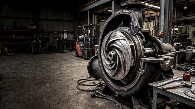 Disassembled heavy slurry pump volute casing and impeller in workshop