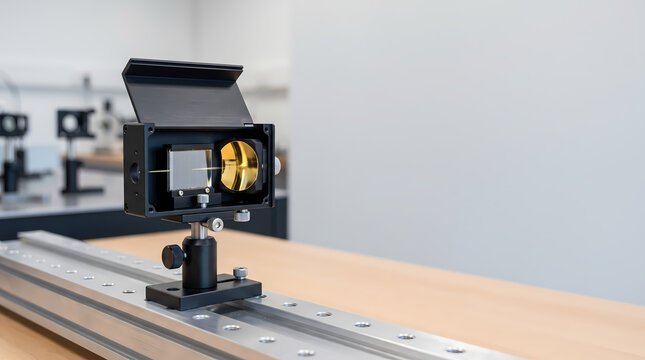 Optical diffraction grating spectrometer setup mounted on laser rail bench