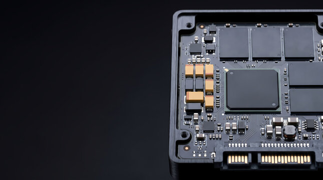 Solid state drive internal PCB showing flash memory NAND chips and controller
