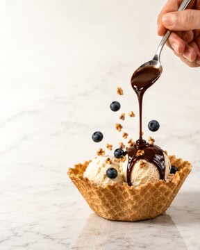 Hand pouring chocolate sauce on ice cream scoops in waffle bowl with floating berries
