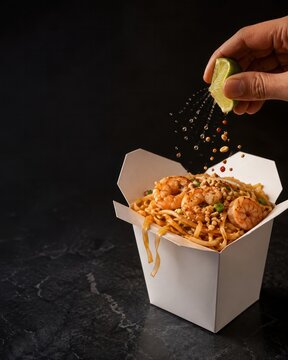 Hand squeezing lime over shrimp stir fried noodles in white takeout box