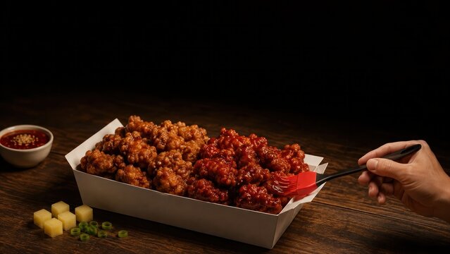 Hand using silicone brush to apply sauce on asian fried chicken in white takeout box