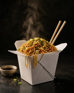 Hot Asian stir fried noodles with steam in white takeout box on dark background