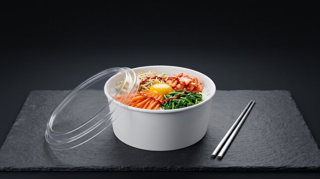 Korean bibimbap rice bowl in white takeout container with clear lid and chopsticks