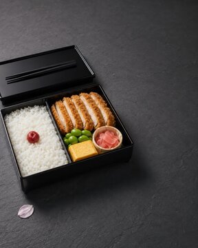 Japanese pork tonkatsu bento box with rice and chopsticks on dark stone background