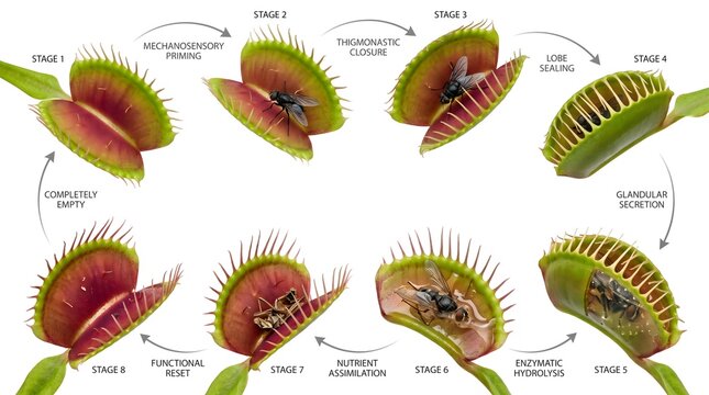 Venus flytrap lifecycle showing carnivorous plant trapping and digesting an insect prey with plant digestion bug trap predatory plant growth stages feeding process leaf snap