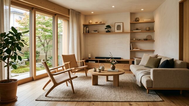 Modern Japandi Living Room Interior with Wooden Furniture and Garden View