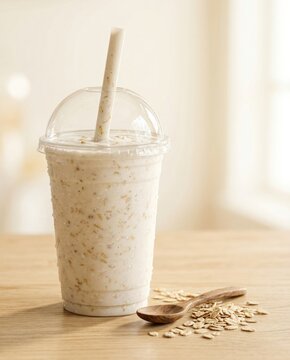 Oatmeal smoothie in plastic takeaway cup with dome lid and oats on wooden table