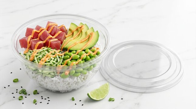 Poke bowl with tuna, avocado and edamame in clear plastic takeout container with lid on white marble