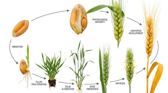 Wheat crop lifecycle showing grain germination seedling growth and mature spike development with cereal crop plant development green stalk ear of wheat ripe grain golden harve