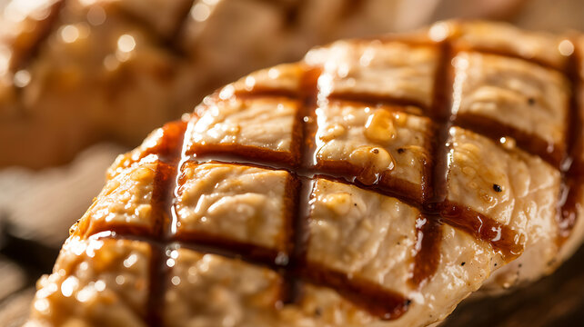 Grilled meat piece scored with a grid pattern and glazed with sauce delicious appetizing barbecue