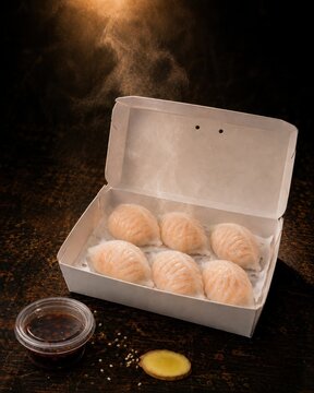 Steaming hot dim sum dumplings in open white takeout box on dark wooden table