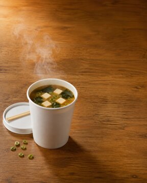 Steaming hot miso soup with tofu and seaweed in white paper cup on wooden table
