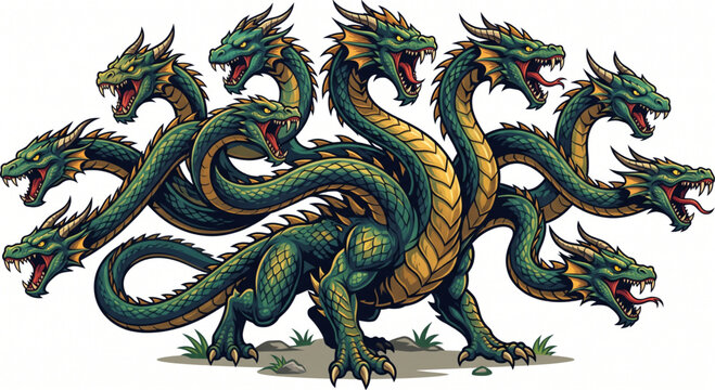 Ferocious multi-headed green dragon illustration