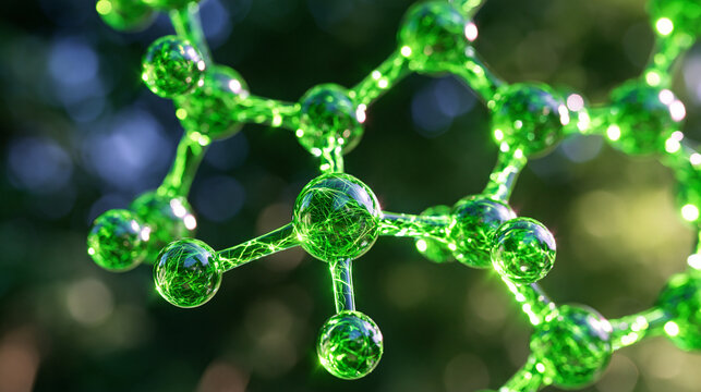 Vibrant emerald abstract illustration of a molecular hybrid structure representing a machine learning neural network, glowing interconnected nodes and luminous pathways forming a complex scientific 