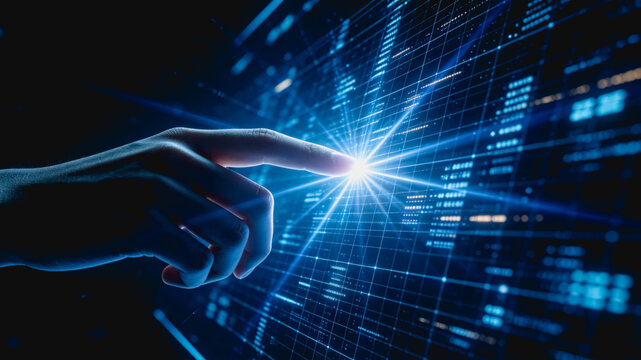 Human Finger Touching Digital Data Interface Light