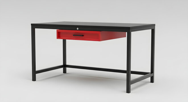 Modern minimalist office desk featuring a sleek black metal frame with a vibrant red accent drawer for contemporary workspace organization