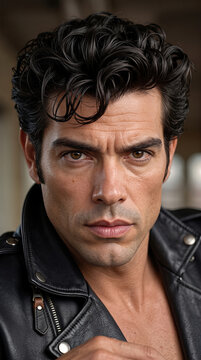 Handsome man with 1950s rockabilly style black leather jacket and wavy vintage hair