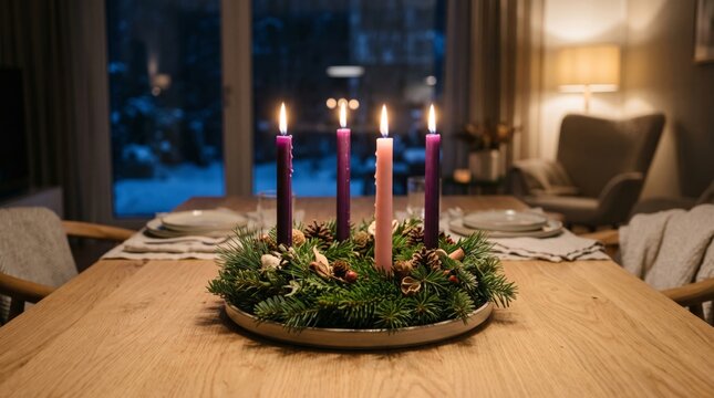 Advent wreath with three burning purple candles and one pink candle on wooden table in cozy home interior. Traditional Christmas and advent season decoration concept for winter holiday celebration