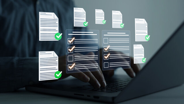 Online survey questionnaire with digital feedback form, customer evaluation and business assessment concept. Filling form, research analytics, technology interface and data review.	