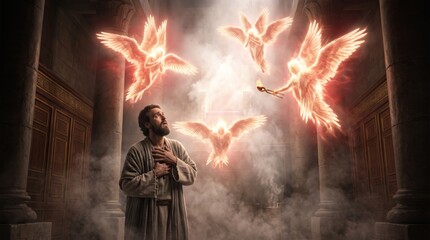 Fototapeta premium Prophet Isaiah receiving purification from burning coal by seraphim in temple. Biblical scene with glowing angels and smoke