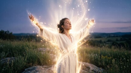 Fototapeta premium Woman with raised arms surrounded by magical golden light and sparks in nature field at dusk. Spiritual energy and healing concept. Meditation, harmony and inner peace for wellness and religion design