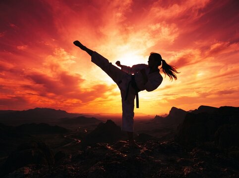 Silhouette of a female martial artist practicing karate with a high kick against a vibrant, dramatic sunset sky over mountain landscapes.