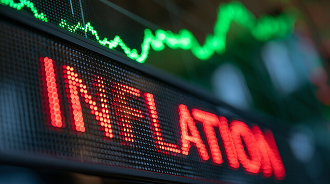 Close up of a bright digital stock market ticker display showing the word inflation in bold red LED characters, glowing green graph line rising across the screen above, crisp financial data elements